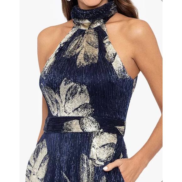 NEW NWT Betsy & Adam Women's Metallic-Print Halter Gown size 10 Navy Gold - Picture 3 of 7